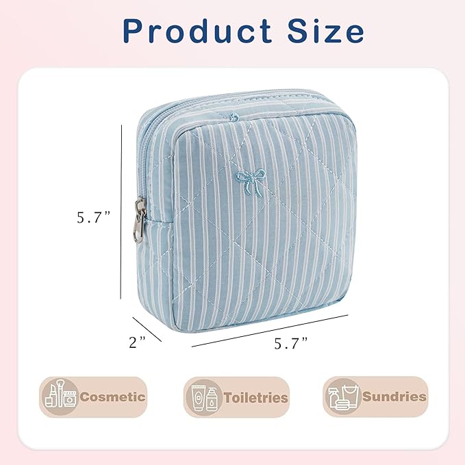 RSRSLEII Small Quilted Striped Cosmetic Pouch for Purse, Mini Cotton Makeup Bag with Compartments, Cute Zipper Lipstick Holder for Women (26 Blue Stripes)