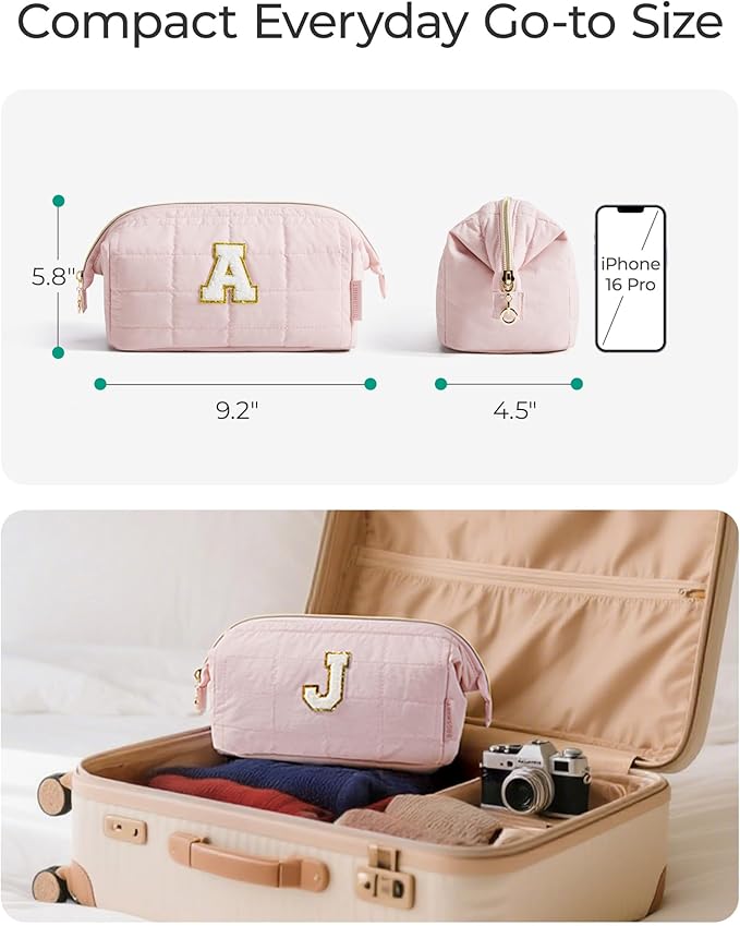 BAGSMART Birthday Gifts Personalized Initial Makeup Bag, Trendy Stuff Gifts for Women Bridesmaid Graduation, Puffy Padded Make Up Bags for Women, Wide-open Toiletry Bag, Pink A