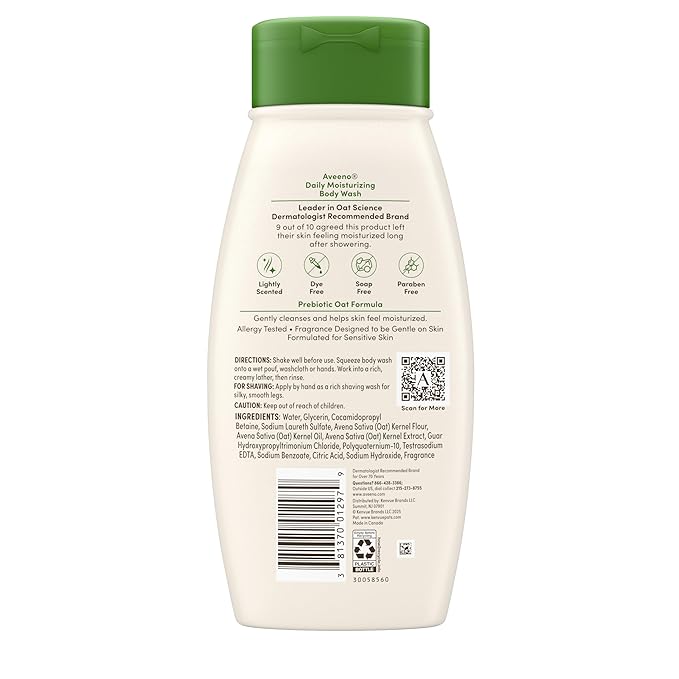 Aveeno Daily Moisturizing Body Wash for Normal to Dry Skin, Sensitive Skin Formula with Prebiotic Oat, Gently Cleanses & Nourishes Dry Skin, Lightly Scented Body Wash for Women and Men, 18 Fl Oz