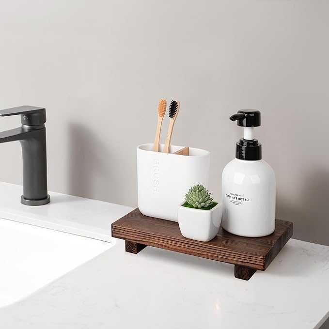 Bathroom Tray Wood Riser Kitchen Decor Soap Holder, 9" x 6" Dark Brown