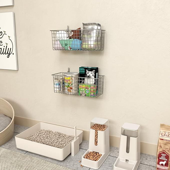 2 Sets Extra Large Hanging Wall Basket, Grey Metal Wire Baskets with Steel Hooks for Organizing, WallmountedFruit Vegetable Toy Snack Storage, Home Kitchen Bathroom Laundry Pantry Organizer