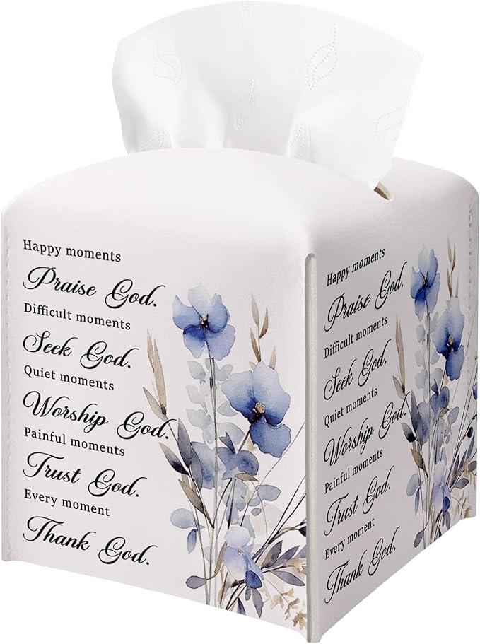 Bible Verses Christian Tissue Box Cover Square, Happy Moment Praise God Waterproof Leather Tissue Box Holder, Blue Flower Paper Facial Tissue Box Covers Cube for Office Home Prayer Room Decor