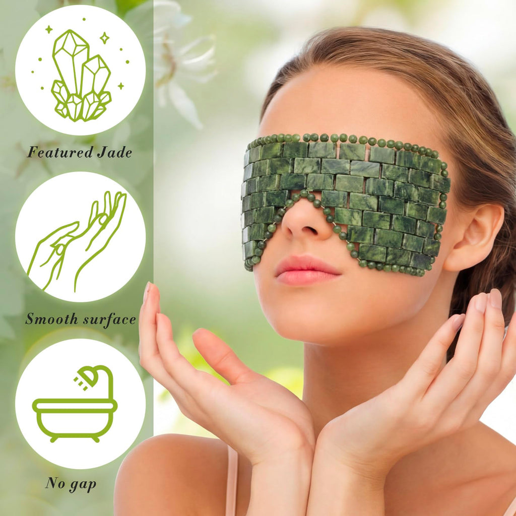 Hercicy 2 Pcs Jade Eye Mask Green Jade Stone Facial Cooling Mask for Alleviate Puffiness Face Massage Relax Eyes Relieve Migraine Meditation Beauty (Dark Green)