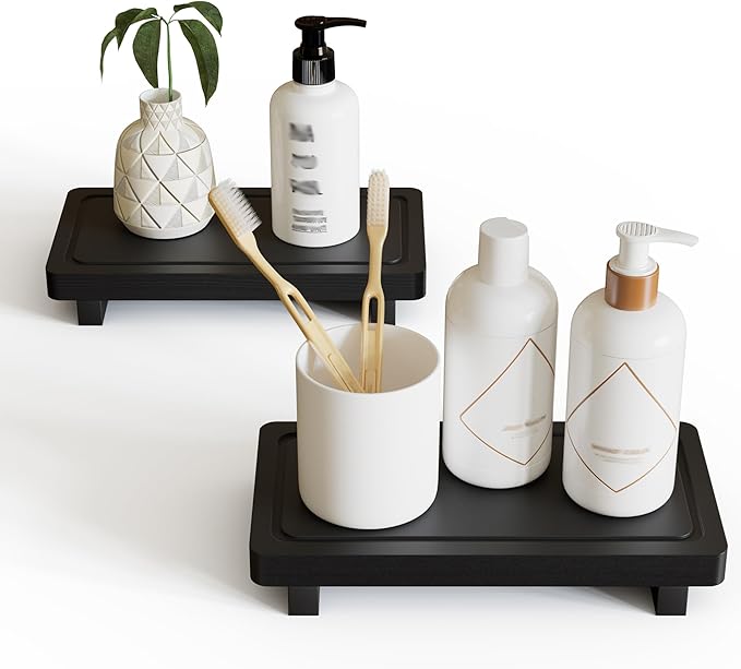 ZGO Small Counter Set of 2, Decorative Vanity Tray for Bathroom & Kitchen, Wooden Soap Holder, Black