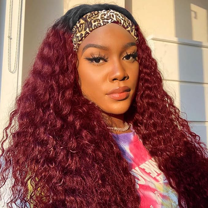 Aiterina Headband Wig deep wave human hair wigs for Black Women Brazilian Remy Hair Glueless Non Lace Front Wig 150% Density (20 inch, 1B/99J)