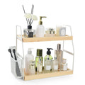Bathroom Counter Organizer, 2-Tier Standing Storage Shelf with Basket, Wood Tray for Skincare Vanity Organizer(Brownish)
