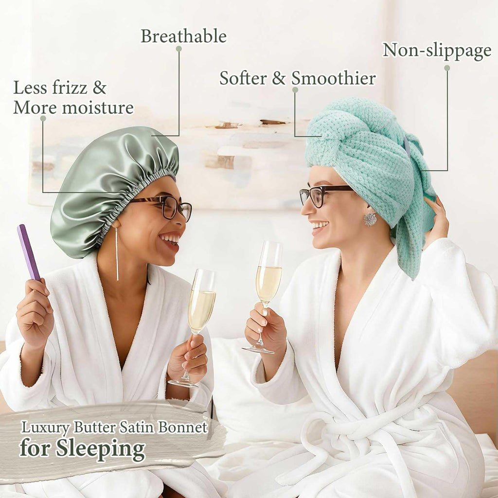 Floraltop 4 Pcs Microfiber Drying Hair Wrap Towels Reusable Waterproof Shower Cap with Elastic Band Adjustable Silk Hair Bonnet for Sleeping with Scrunchie for Women Christmas Favor Gifts(Green)