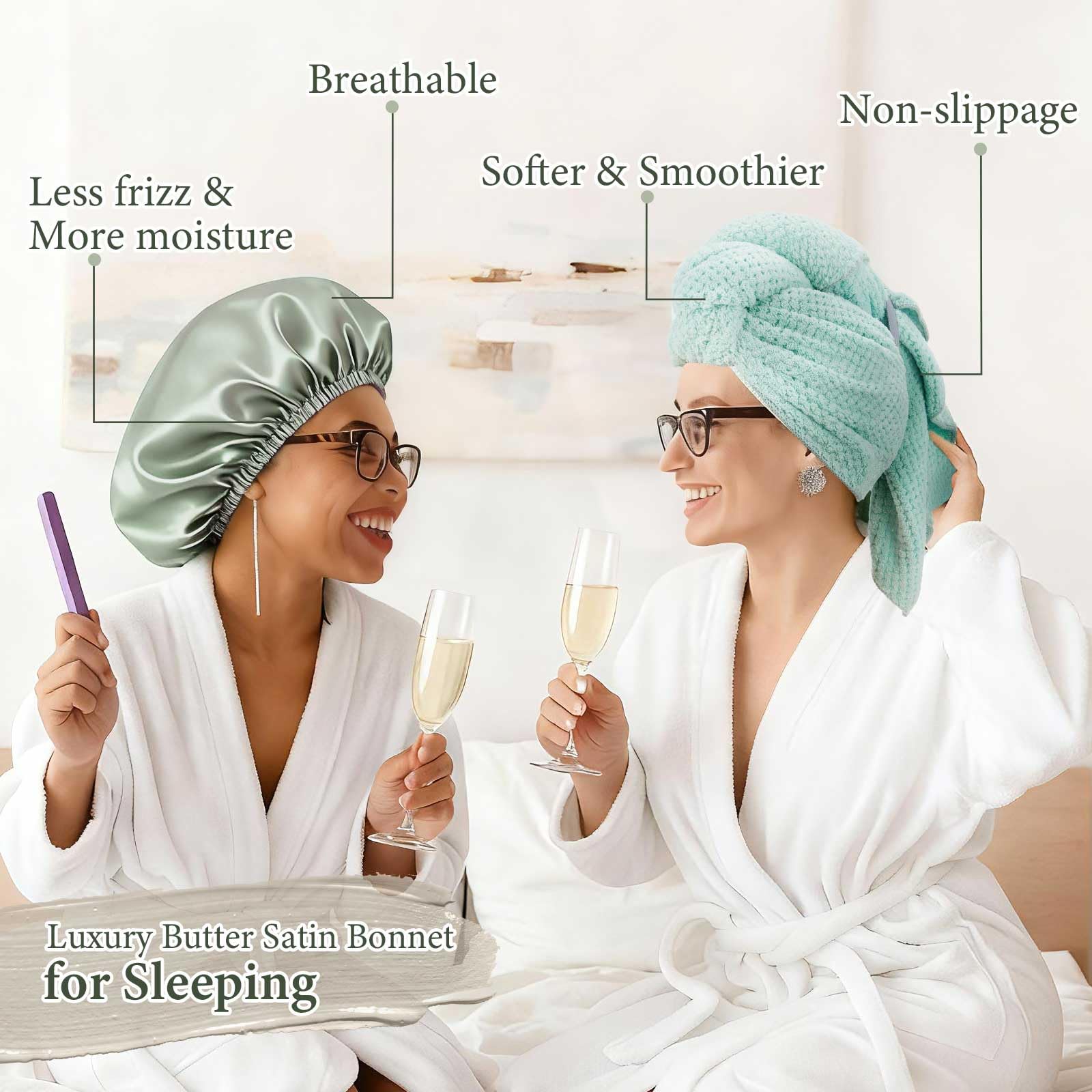 Floraltop 4 Pcs Microfiber Drying Hair Wrap Towels Reusable Waterproof Shower Cap with Elastic Band Adjustable Silk Hair Bonnet for Sleeping with Scrunchie for Women Christmas Favor Gifts(Green)