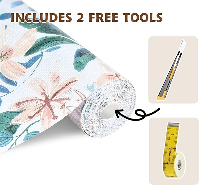 Shelf Liners for Kitchen Cabinets 12in x 20FT, Non Adhesive Drawer Liner Colored Flowers Thickened Shelf Liner Non-Slip Easy to Clean for Tool Box Refrigerator with Knife and Tape Measure