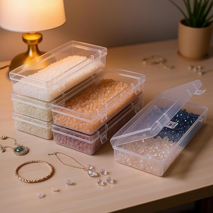 6 Pack Rectangular Clear Plastic Storage Containers Box with Hinged Lid for Beads and Other Small Craft Items (6.1 x 2.56 x 1.18 inch)