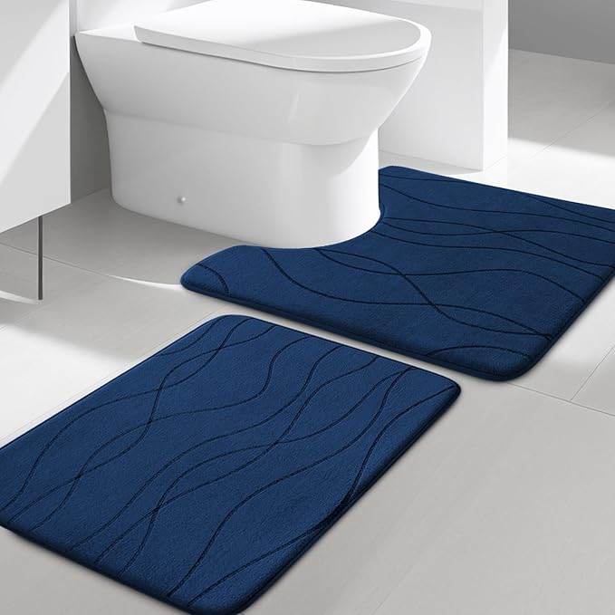 YIHOUSE Bathroom Rugs Set 2 Piece, Memory Foam Bath Mat Navy Blue