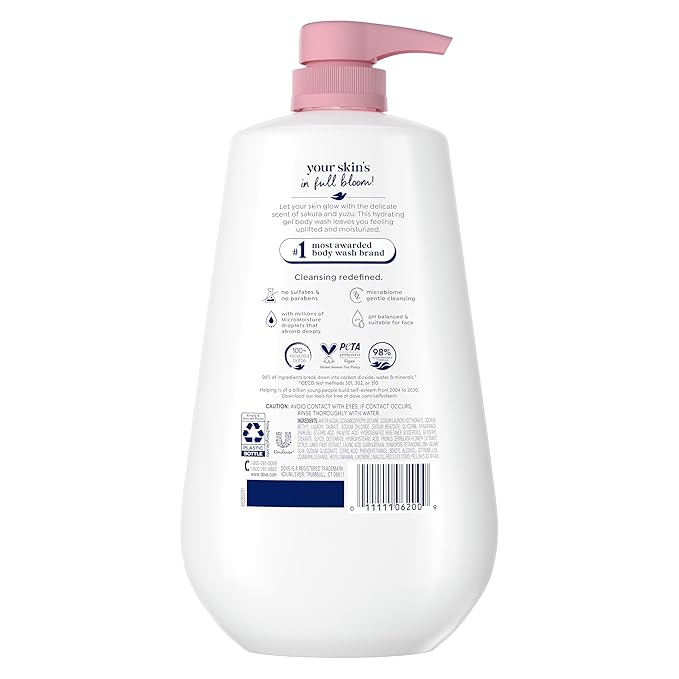 Dove 24hr Lotion Body Wash Uplift Sakura Blossom & Yuzu, 30.6 oz | Hydrating body wash with MicroMoisture and a floral citrus scent