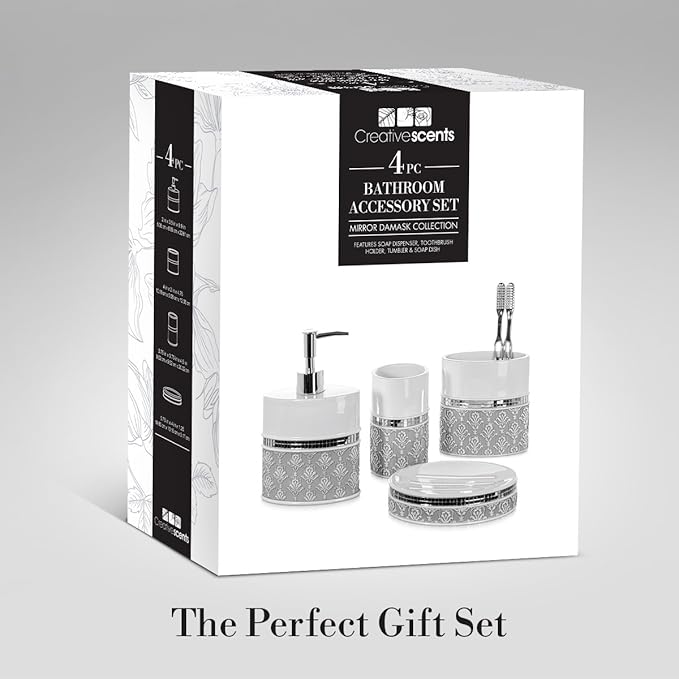 Creative Scents Mirror Damask 4 Piece Resin Bathroom Accessories Set