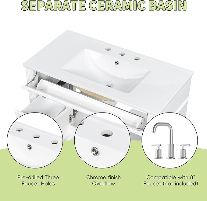 Harper & Bright Designs 36" Bathroom Vanity with Sink, Free Standing Single Basin Vanity Set with Tip-Out Drawer, 2 Drawers, and 2 Doors, Wood Bathroom Cabinet with Ceramic Basin for Bathroom, White