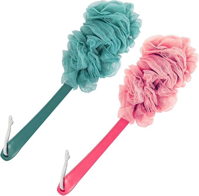 Evmliy Back Scrubber for Shower, Loofah Sponge Brush Exfoliating Body, Long Handle Scrub Brush for Shower with Loofah on a Stick for Back Use, Bathing Accessories Body Brushes (2Pack)