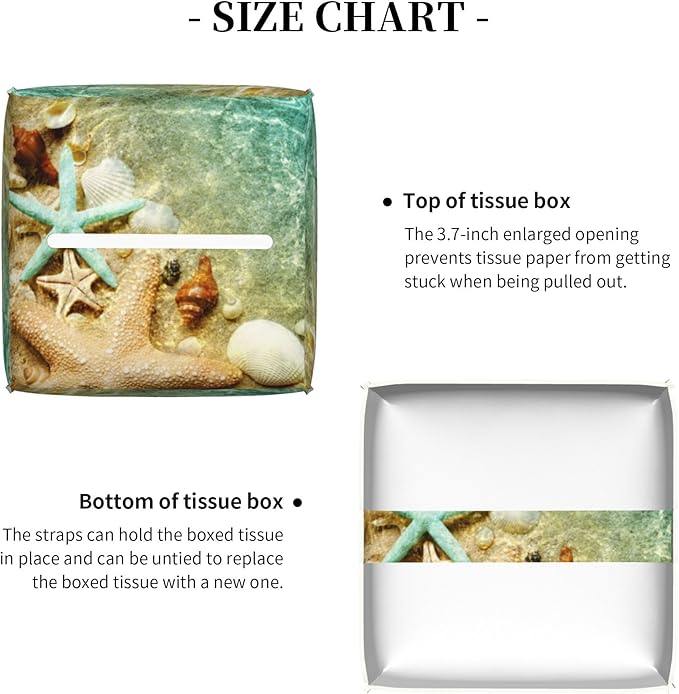Starfish Seashell on Summer Beach Tissue Box Cover Square, Starfish Seashell Tissue Box Holder Waterproof Leather Facial Paper Organizer Dispenser for Bathroom Home Car Nightstand Vanity Desk
