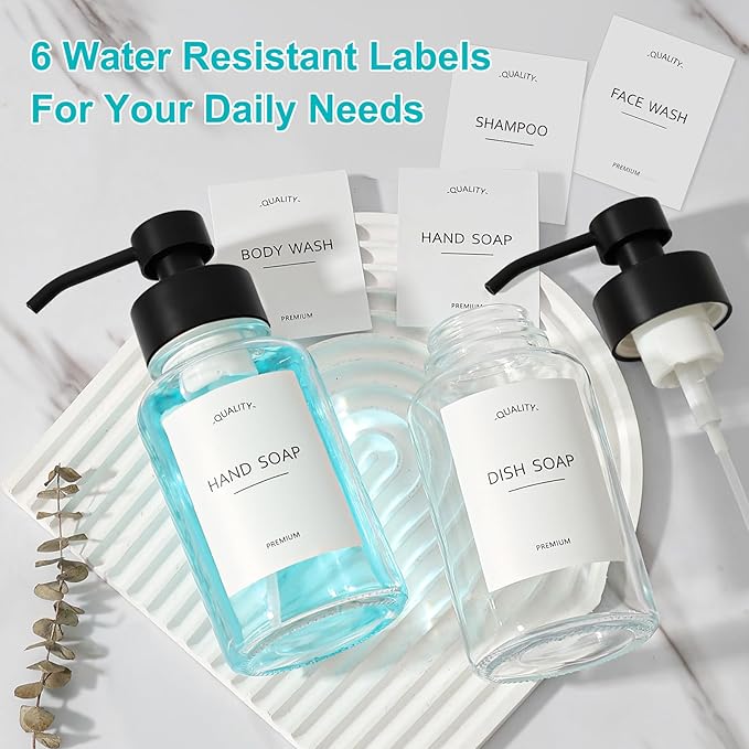 RACOBOT Foaming Hand Soap Dispenser, 14.1 oz/400ml Foaming Soap Dispenser, 2 Pack Glass Foaming Dispenser for Bathroom & Kitchen, Clear Refillable Liquid Dispenser Bottle with Waterproof Labels