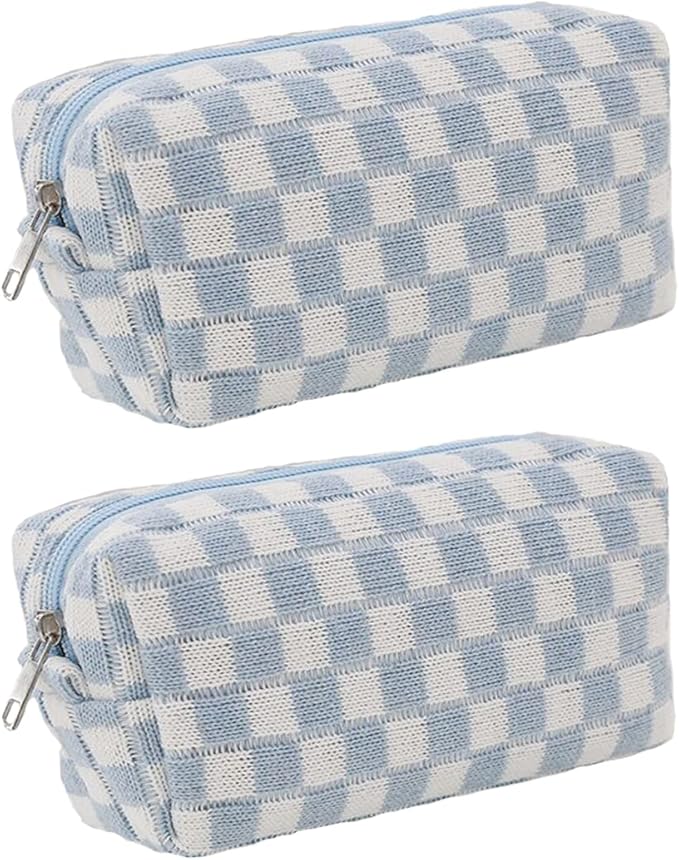 SxoSyo 2 Pcs Checkered Cosmetic Bags, Make up Brushes Cases, Blue