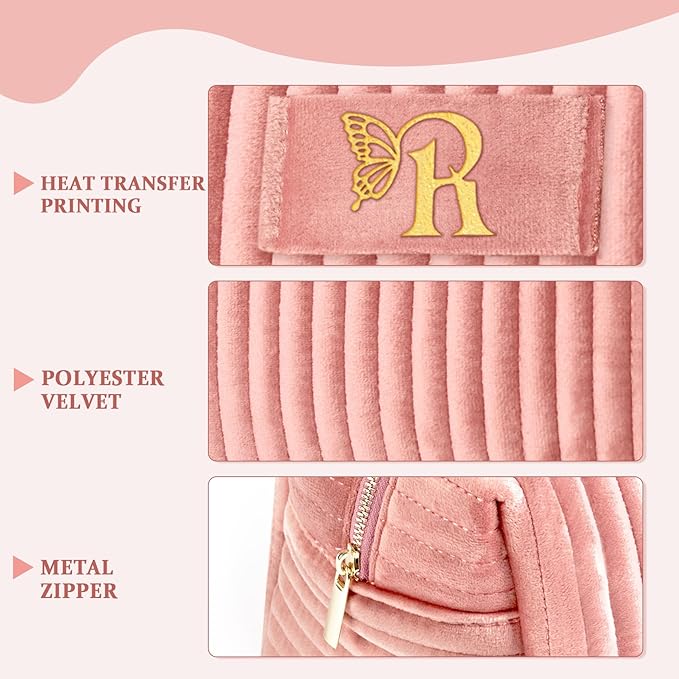 COSHAYSOO Travel Makeup Bag Quilted Make Up Pouch Initial Cosmetic Case for Women Hair Eyebrow Eyeshadow Brushes Powder Foundation Blush Bronzer Contour Palette Items Organizer Pink Letter R