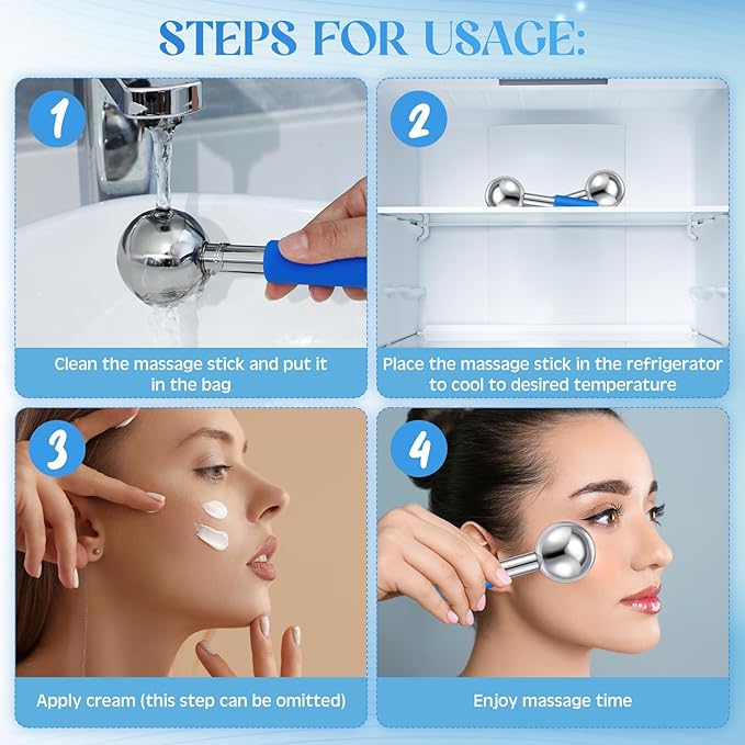 Baderke 2 Pcs Ice Globes for Face Stainless Steel Cooling Globes Unbreakable Cooling Roller Women Ice Balls Cryo Sticks Facials Skin Care for Dark Circles, Puffiness(Silver (Blue Handle))