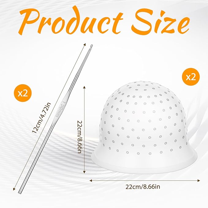 LIQWEI 2 Pcs Highlight Cap and Hook, White Silicone Reusable Highlighting Cap with 4.72 Inch Hook for Hair Coloring, Dyeing & Staining, Salon & Home Use (8.66 Inch Diameter)