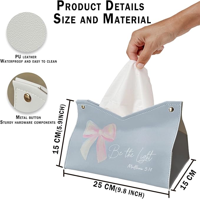 Blue Pink Bows Tissue Box Cover Rectangle, Christian Decorative Facial Tissues Boxes for Living Room Desk, Bible Be The Light PU Leather Tissue Holder for Bathroom Kitchen 9.8x5.9x5.9