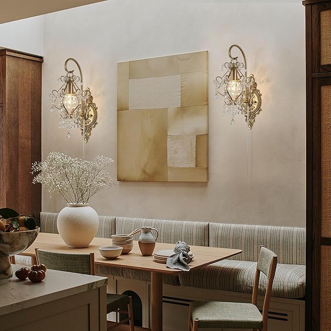 Gold Crystal Vintage Plug in Wall Sconces Set of 2 Indoor Wall Light Fixture, Modern Wall Mount Lamp Light for Bedroom Living Room Bathroom Vanity Light Hallway Light Fixture LED E12