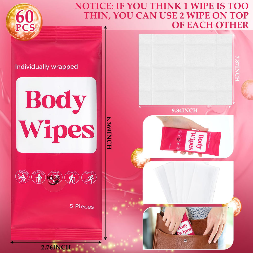 Threlaco 300 Pcs 60 Pack Body Wipes for Adults Bathing No Rinse Individually Wrapped Shower Wipes Washcloth with Aloe Cleansing Body Wash Cloths Disposable Bulk Deodorant Homeless(Rose Background)