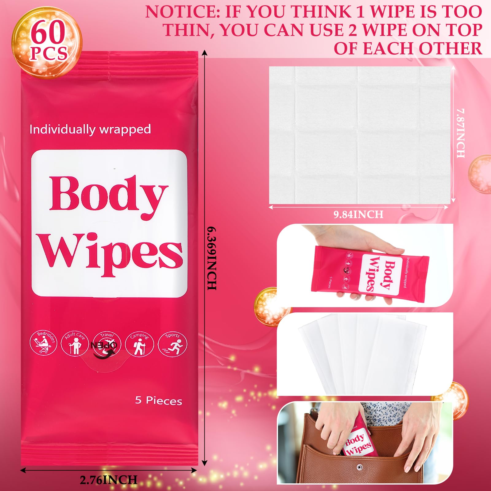 Threlaco 300 Pcs 60 Pack Body Wipes for Adults Bathing No Rinse Individually Wrapped Shower Wipes Washcloth with Aloe Cleansing Body Wash Cloths Disposable Bulk Deodorant Homeless(Rose Background)