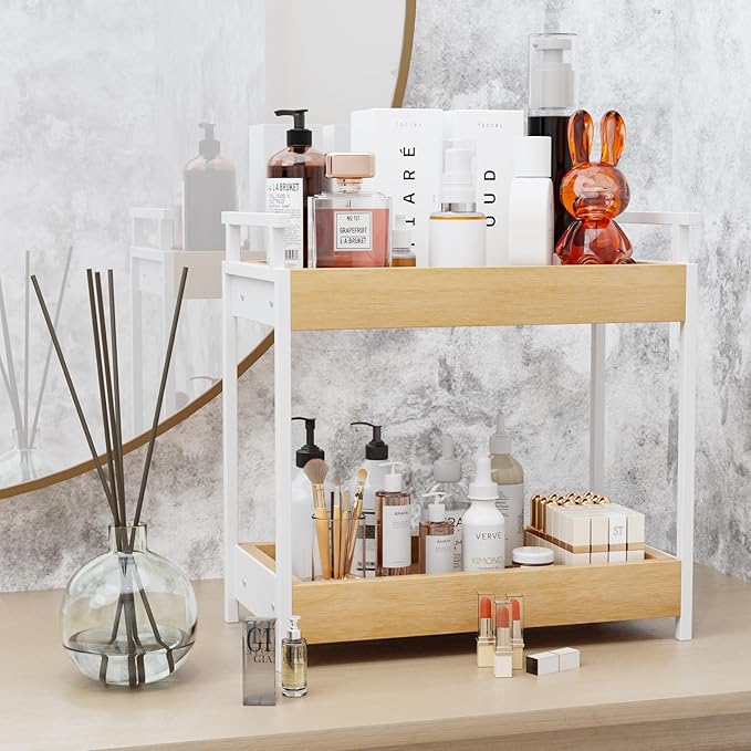 KLM Countertop Coffee Station Organizer, 2 Tier Wooden Shelf for Coffee Bar Accessories, Condiment Storage Caddy for Kitchen, Bathroom Counter Organizer, Home, Office - Natural