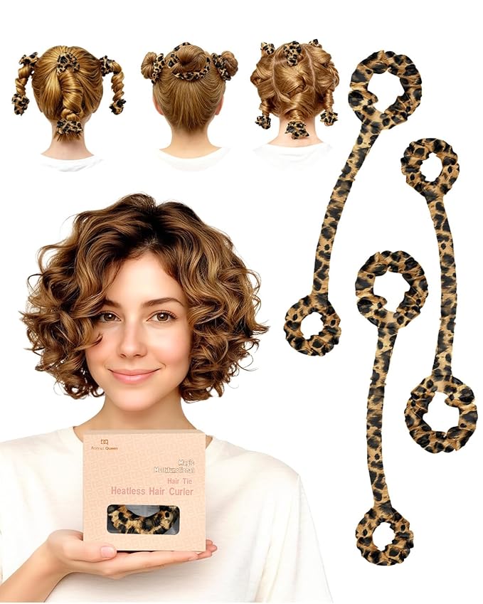BONNET QUEEN 3 Pack Small Satin Heatless Hair Curler for Short Hair, Heatless Curls Overnight, Hair Curlers to Sleep In, Damage-Free Small Curls with Built-in Scrunchie, Leopard