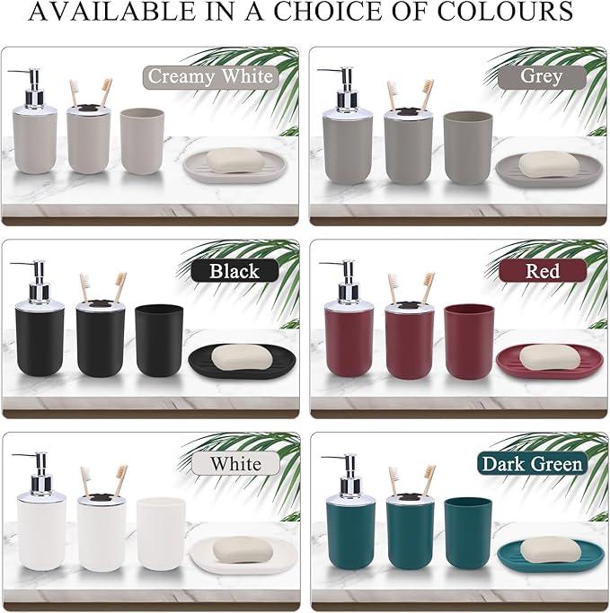 LGURT Matte White Bathroom Accessories Set, 4-Piece Plastic Bathroom Vanity Set with Soap Dispenser, Toothbrush Holder, Rinse Cup & Soap Dish, White Bathroom Counter Organizer