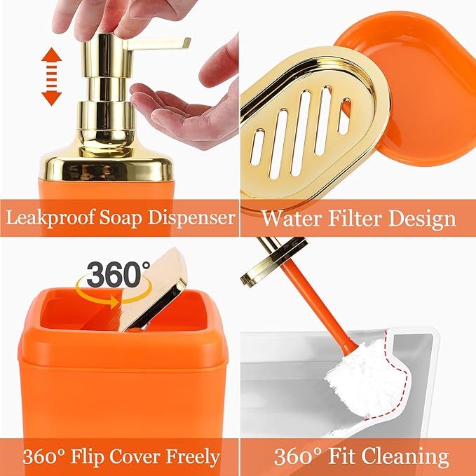 XLHOMO Bathroom Set, 9PC Bathroom Accessory Set, Orange Bathroom Accessories, Orange Bathroom Set, Trash Can, Soap Dispenser for Home Decor