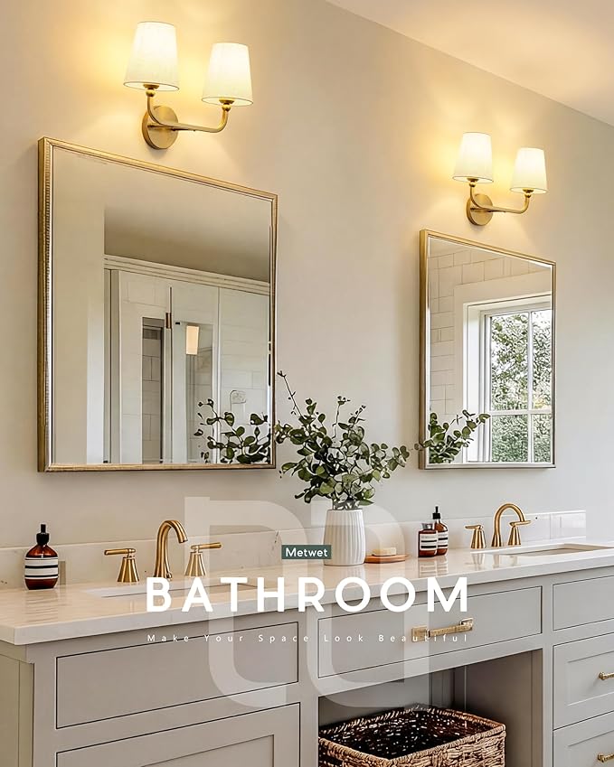 2-Light Bathroom Light Fixtures, Brushed Gold Vanity Lights, Double Wall Sconce with Linen Fabric Shade, Modern Sconces Wall Lighting for Hallway Bedroom Stairway, VL837-BG-A-2