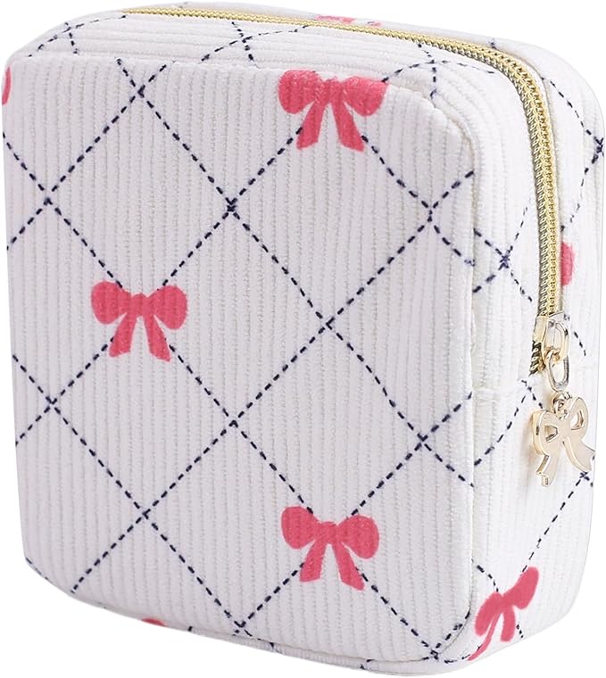 Teircno Period Bag for Women - Cute Corduroy Sanitary Napkin Storage Bag with Bow Design | Period Pouch for Daily Use, Travel | Discreet Menstrual Pouch | Pad Bags for Period Holds Pads, Tampons