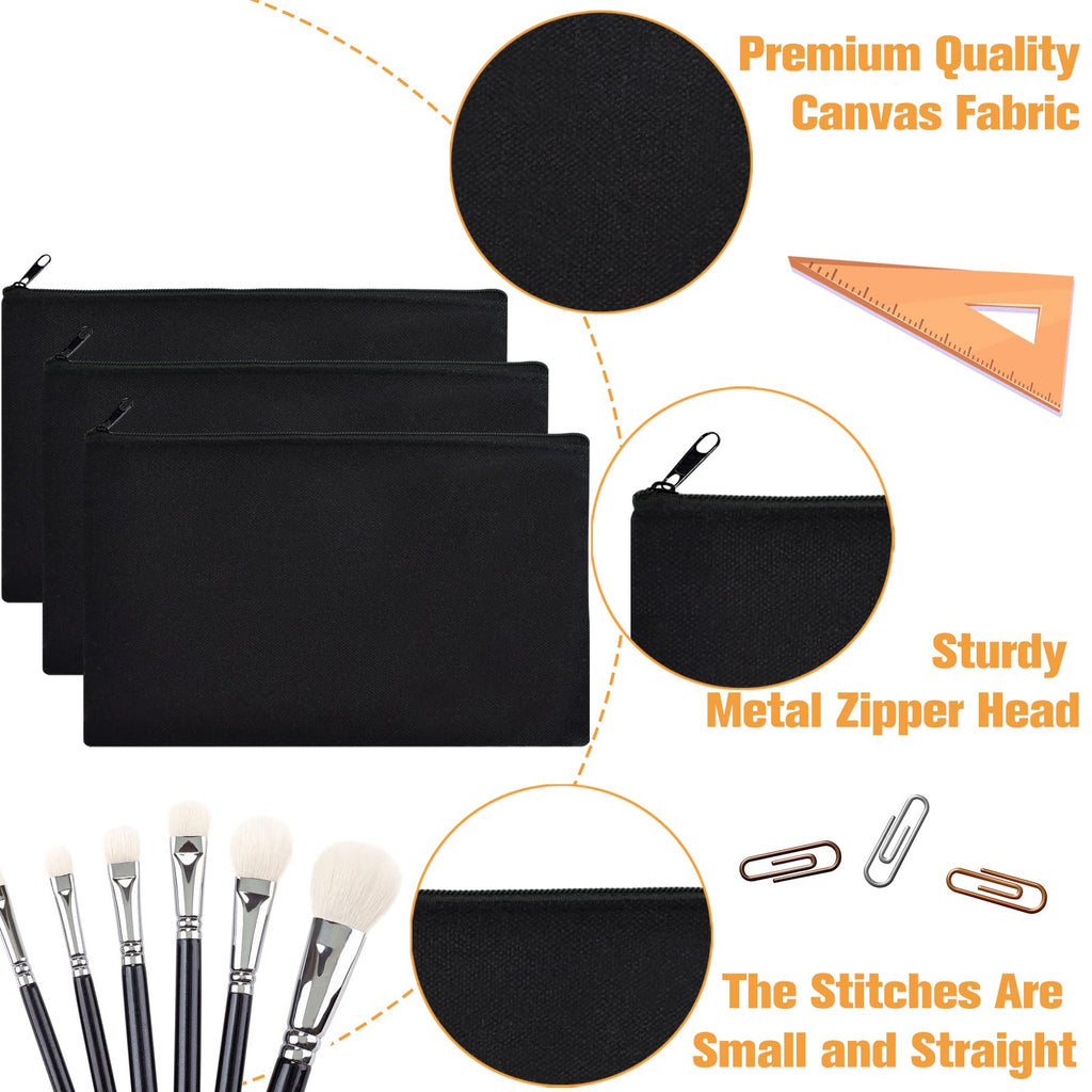 ZeeDix 12 Pieces Canvas Zipper Pouch Bulk, 8.3 x 5 inches DIY Craft Makeup Travel Cosmetic Pouch Multipurpose Bulk Toiletry Blank Stationery Black Cotton Canvas Bag with Zipper