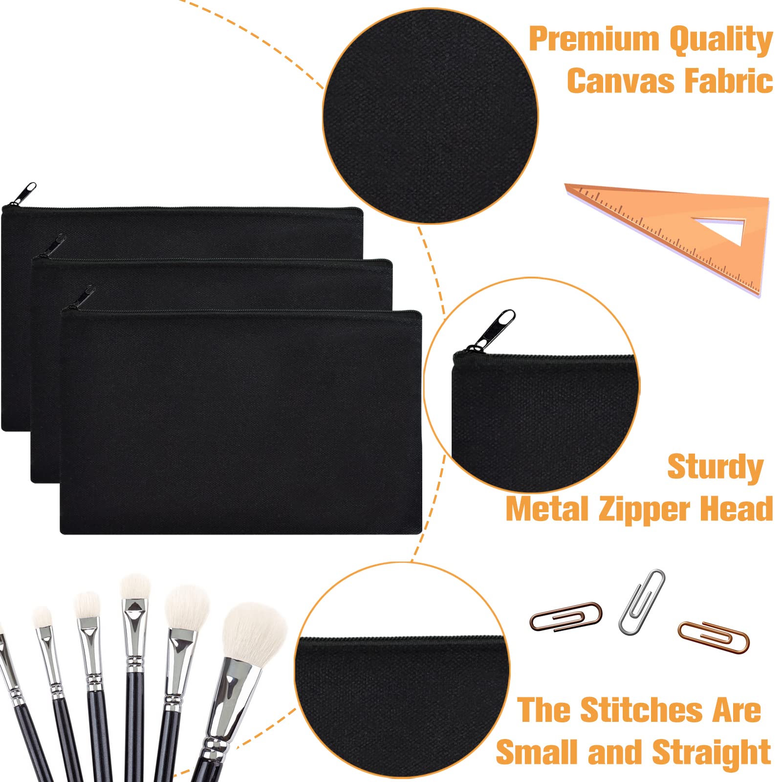 ZeeDix 12 Pieces Canvas Zipper Pouch Bulk, 8.3 x 5 inches DIY Craft Makeup Travel Cosmetic Pouch Multipurpose Bulk Toiletry Blank Stationery Black Cotton Canvas Bag with Zipper