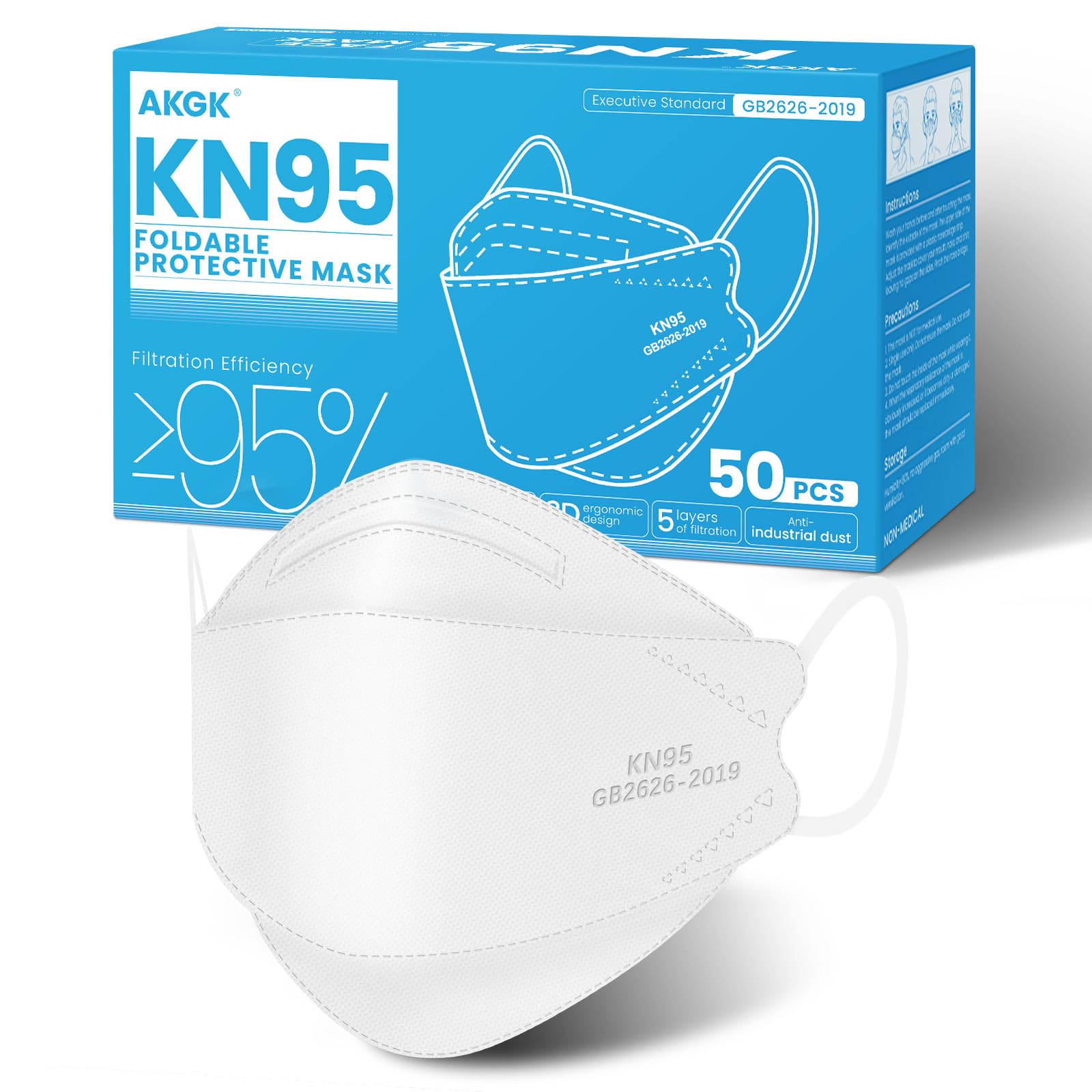 akgk KN95 Face Masks 50 Pack, 5-Ply Disposable White Face Mask Against PM 2.5 Smoke & Dust, Filtration Efficiency 95%