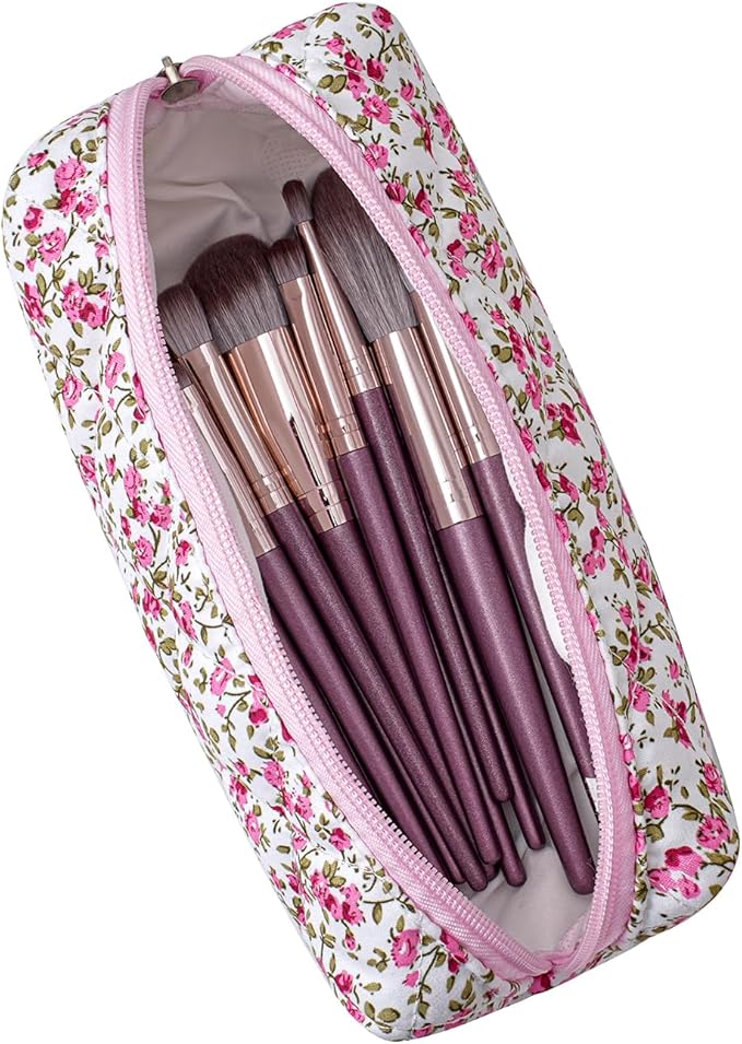 WHHJM Cute Floral Makeup Brush Bag Small Cotton Quilted Cosmetic Bag for Women Travel Toiletry Zipper Make Up Pouch (Red Floral)