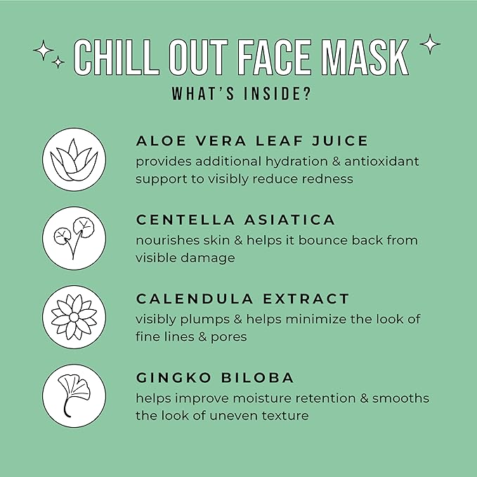 Avatara Chill Out Face Masks, 15 Sheets, Hydrating Aloe Vera, Soothing Skin, Unisex