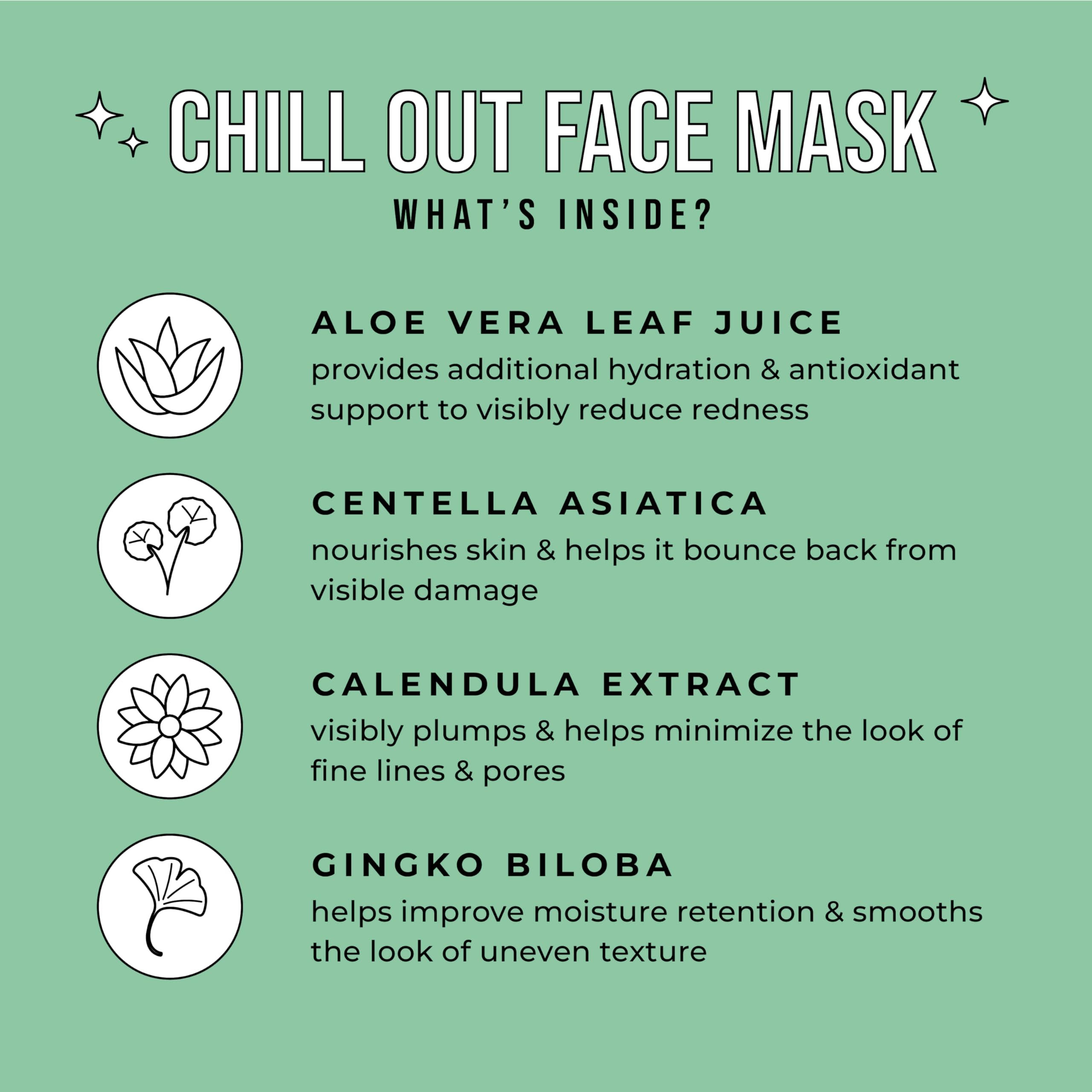 Avatara Chill Out Face Masks, 15 Sheets, Hydrating Aloe Vera, Soothing Skin, Unisex
