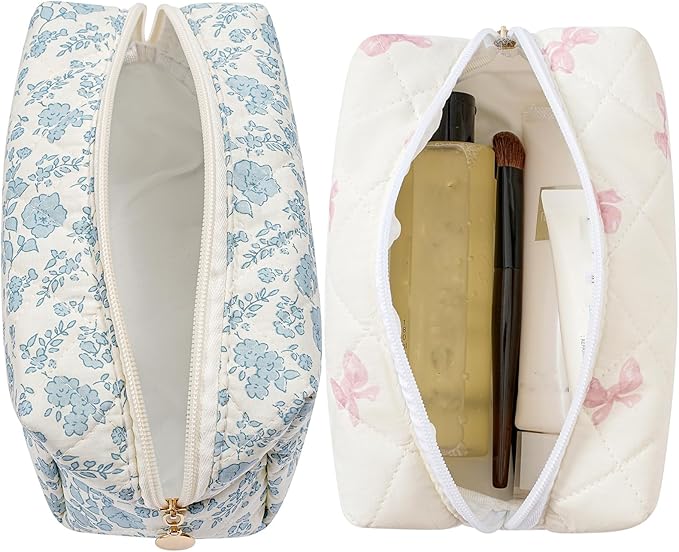HHQQWZ Makeup Bag Travel Cosmetic Bag for Women Girls, Zipper Make Up Pouch, Floral Flowers Toiletry Organizer Makeup, Portable Storage Cosmetic Travel Cloth Bag (Blue Floral+Pink Bow Tie)
