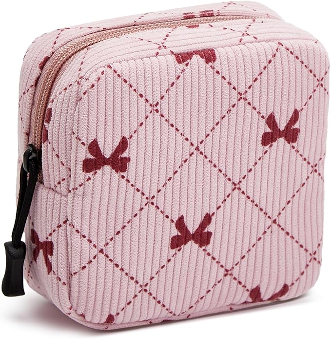 ZOEMTIU Small Makeup Bag for Purse,Mini Cosmetics Bag cute Zipper corduroy Cosmetic Pouch Storage Pouch Travel Toiletry Organizer for Women Girls(Bowknot Pink)