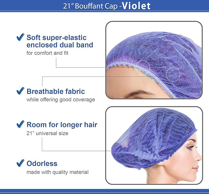 Disposable Bouffant Caps, 21inches Hair Net, Elastic Dust Cap for Food Service, Kitchen Head Cover (Purple)