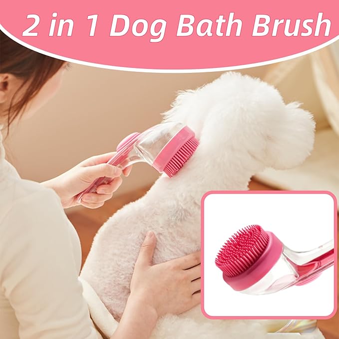 Dog Bath Brush, 2 in 1 Pet Grooming Bath Massage Brush with Soap and Shampoo Dispenser Soft Silicone Bristle Dog Scrubber for Long Short Haired Dogs Cats Shower-Rose Pink