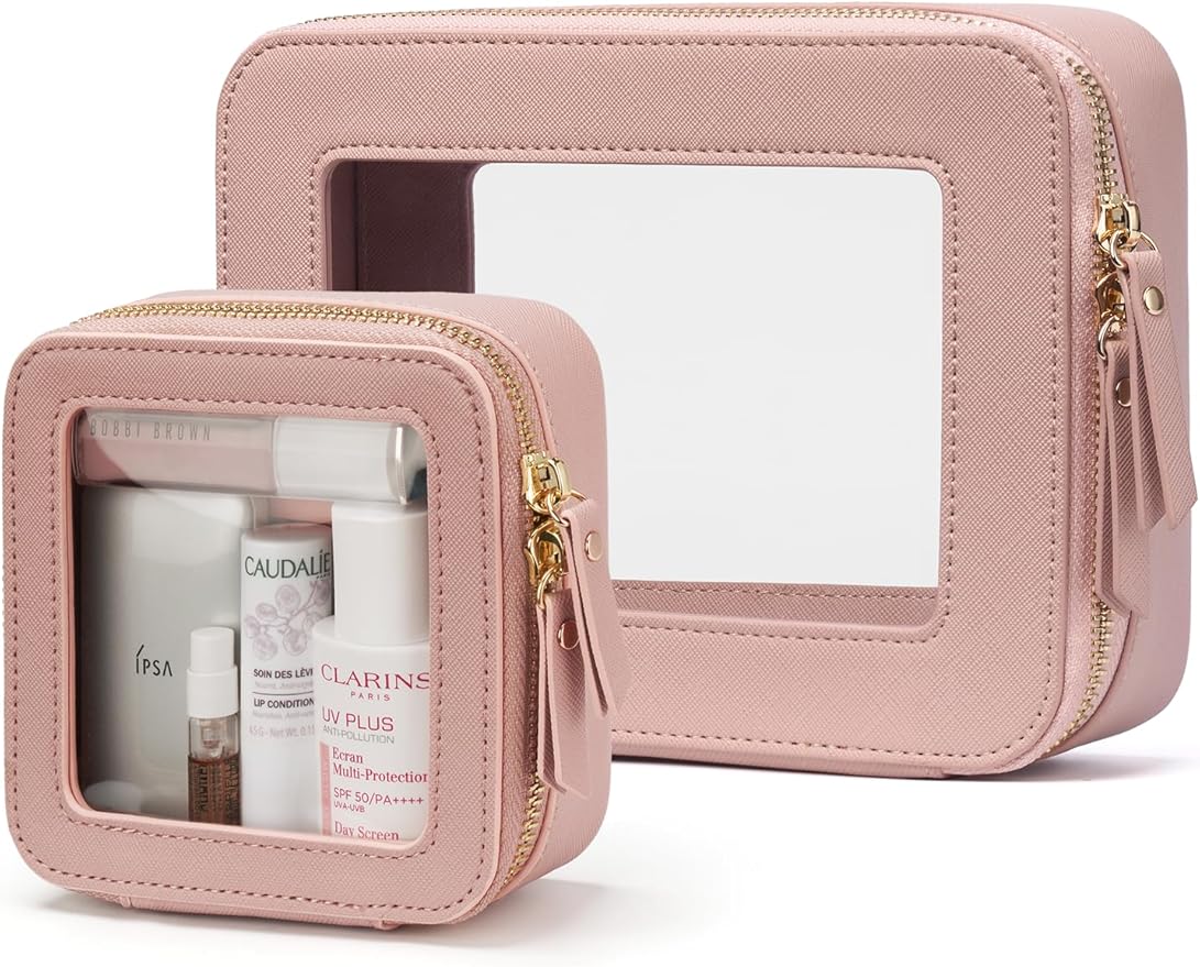 Popvibe Clear Makeup Case Toiletry Bag Travel Medium Clear Cosmetic Bag with Zipper, Make Up Bag Organizer Traveling TSA Approved Transparent Bag Car for Essentials, Mini & Medium, Mauve