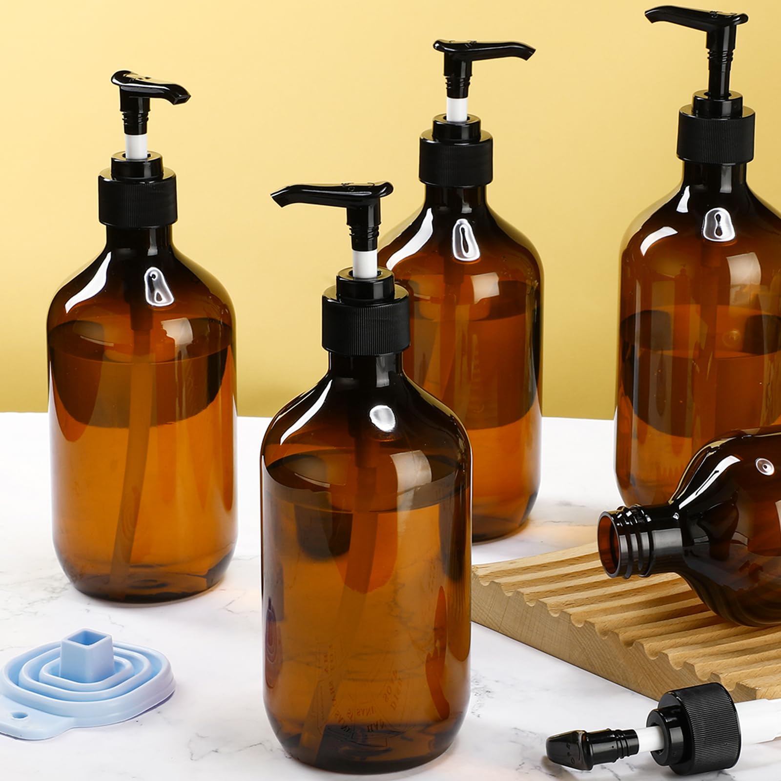 Sliner 6 Pcs Shampoo and Conditioner Dispenser Bottles 16.9 oz Plastic Shower Bottles with Pump and 1 Silicone Funnel Reusable Hand Soap Containers for Bathroom Shower(Amber)