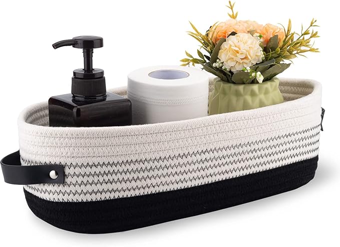 Oradrem Cotton Rope Toilet Paper Holder Basket with Handle, Home Decor Organizing Small Baskets, Nursery Basket 13"x5.9"x4" Dark Gray