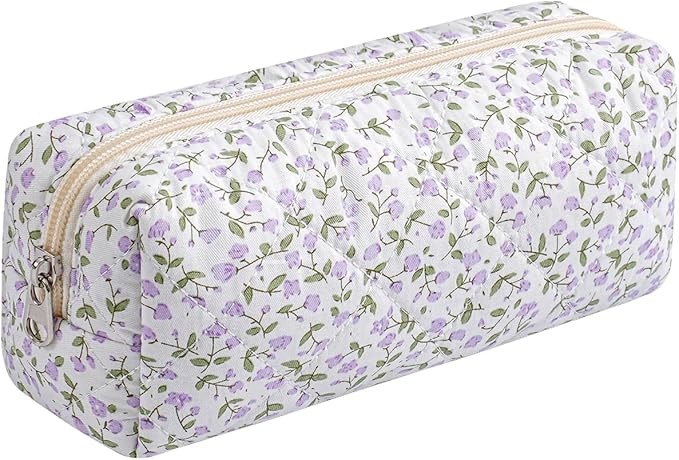 WHHJM Cute Floral Makeup Brush Bag Small Cotton Quilted Cosmetic Bag for Women Travel Toiletry Zipper Make Up Pouch (Purple Floral)