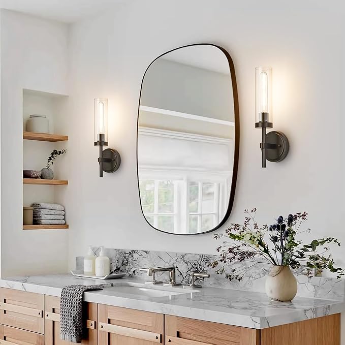 SANTOSTOCK Oil Rubbed Bronze Wall Sconces Set of Two, Bathroom Wall Sconces Vanity Lights with Clear Glass Shade, Modern Farmhouse Wall Mount Lights for Mirror Bedroom Living Room Stairwell Hallway